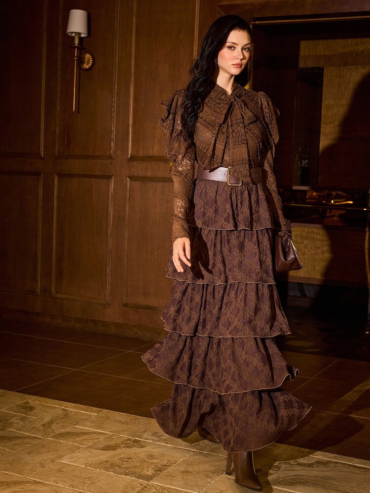 MOTF PREMIUM WOMEN'S LACE TIE NECK CASUAL PARTY LONG DRESS - Coffee Brown - View 5