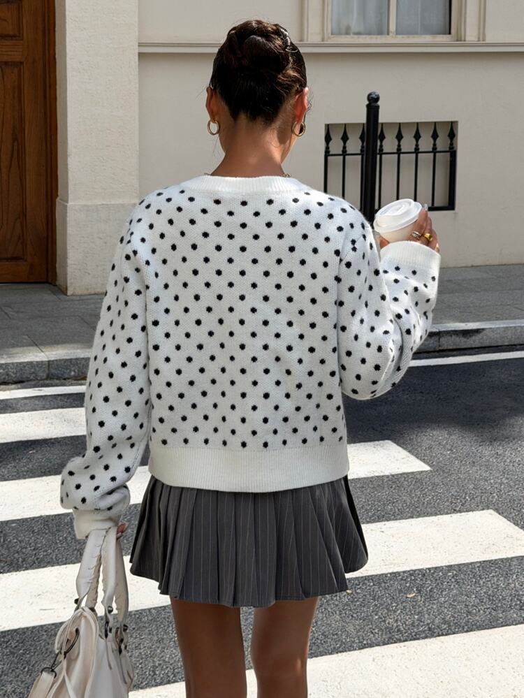 Muchica Women's Black & White Polka Dot Jacquard Knit Cardigan, Elegant Frog Button Open Front Long Sleeve Sweater Chic Casual Y2K Fall Winter Layering Top - Black and White - View 2