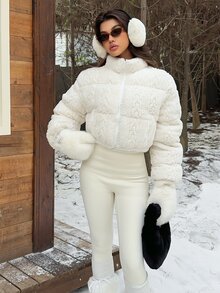SHEIN EZwear 女款時尚拉鍊長袖短版抓絨填充外套 - 白色 - 查看 7
