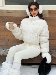 SHEIN EZwear 女款時尚拉鍊長袖短版抓絨填充外套 - 白色 - 查看 5