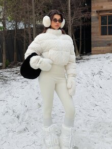 SHEIN EZwear 女款時尚拉鍊長袖短版抓絨填充外套 - 白色 - 查看 6
