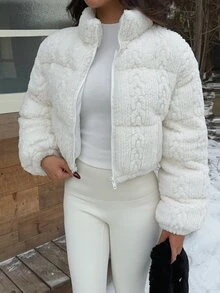 SHEIN EZwear 女款時尚拉鍊長袖短版抓絨填充外套 - 白色 - 查看 3