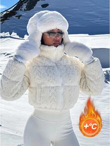 SHEIN EZwear 女款時尚拉鍊長袖短版抓絨填充外套 - 白色 - 查看 2