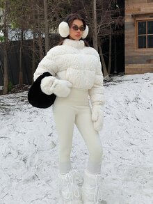 SHEIN EZwear 女款時尚拉鍊長袖短版抓絨填充外套 - 白色 - 查看 4