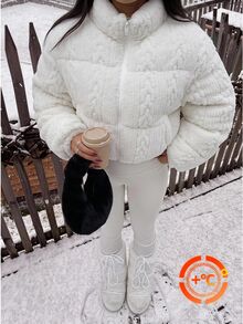 SHEIN EZwear 女款時尚拉鍊長袖短版抓絨填充外套 - 白色 - 查看 8