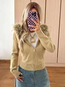 SHEIN EZwear Women's Solid Color Long Sleeve Zip-Up Hooded Knit Cardigan With Fur Trim - Mocha Brown - View 5