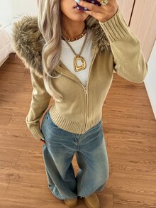 SHEIN EZwear Women's Solid Color Long Sleeve Zip-Up Hooded Knit Cardigan With Fur Trim - Mocha Brown - View 6
