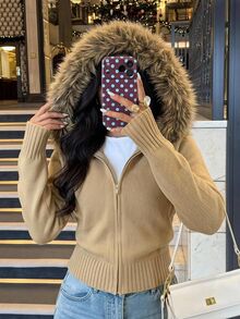 SHEIN EZwear Women's Solid Color Long Sleeve Zip-Up Hooded Knit Cardigan With Fur Trim - Mocha Brown - View 11
