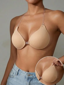 Lignisse Fabric Halter Spoon-Shaped Adhesive Bra For Women - Beige - View 2