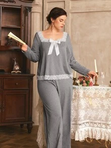 Côtesoire Plus Size Women French Romantic Minimalist Elegant Contrast Color Lace Bow Long Sleeve Pants Pajama Set - Grey - View 6