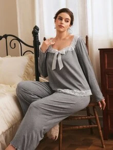 Côtesoire Plus Size Women French Romantic Minimalist Elegant Contrast Color Lace Bow Long Sleeve Pants Pajama Set - Grey - View 4