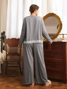 Côtesoire Plus Size Women French Romantic Minimalist Elegant Contrast Color Lace Bow Long Sleeve Pants Pajama Set - Grey - View 2