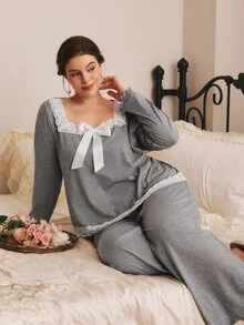 Côtesoire Plus Size Women French Romantic Minimalist Elegant Contrast Color Lace Bow Long Sleeve Pants Pajama Set - Grey - View 1