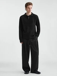 Manfinity Homme Men's Minimalist Versatile Ribbed Long Sleeve Sweater For Daily Wear Old Money Couple Matching Outfit ,Formal,Autumn,Streetwear,Hiking,Outdoor - Black - View 5