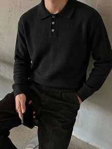 Manfinity Homme Men's Minimalist Versatile Ribbed Long Sleeve Sweater For Daily Wear Old Money Couple Matching Outfit ,Formal,Autumn,Streetwear,Hiking,Outdoor - Black - View 1