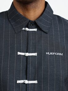 HUEFORM Men's Navy Blue Striped Cotton Frog Button Design Loose Fit Casual Shirt, Suitable For Everyday And Casual - Black and White - View 4