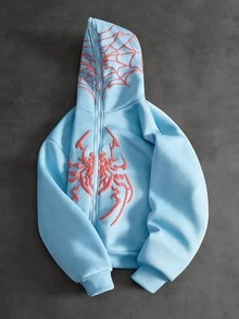 PAVTROS Men's Streetwear Spider Web Towel Embroidery Pattern Boyfriend Husband Anniversary Gift Sweatshirt Hoodie - Baby Blue - View 4