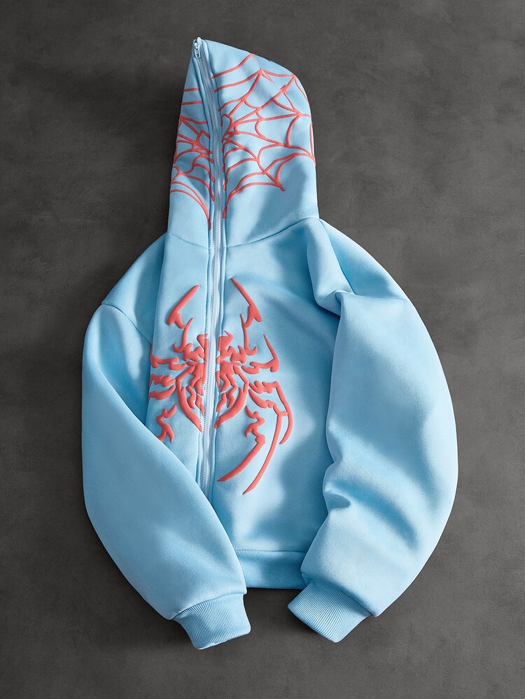 PAVTROS Men's Streetwear Spider Web Towel Embroidery Pattern Boyfriend Husband Anniversary Gift Sweatshirt Hoodie - Baby Blue - View 4