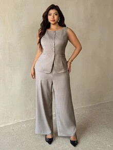 Auralis Plus Size Women Solid Color Vest And Pants Casual Elegant Commute Suit Set Office Formal Grey Summer - Khaki - View 4