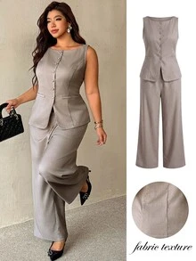 Auralis Plus Size Women Solid Color Vest And Pants Casual Elegant Commute Suit Set Office Formal Grey Summer - Khaki - View 2