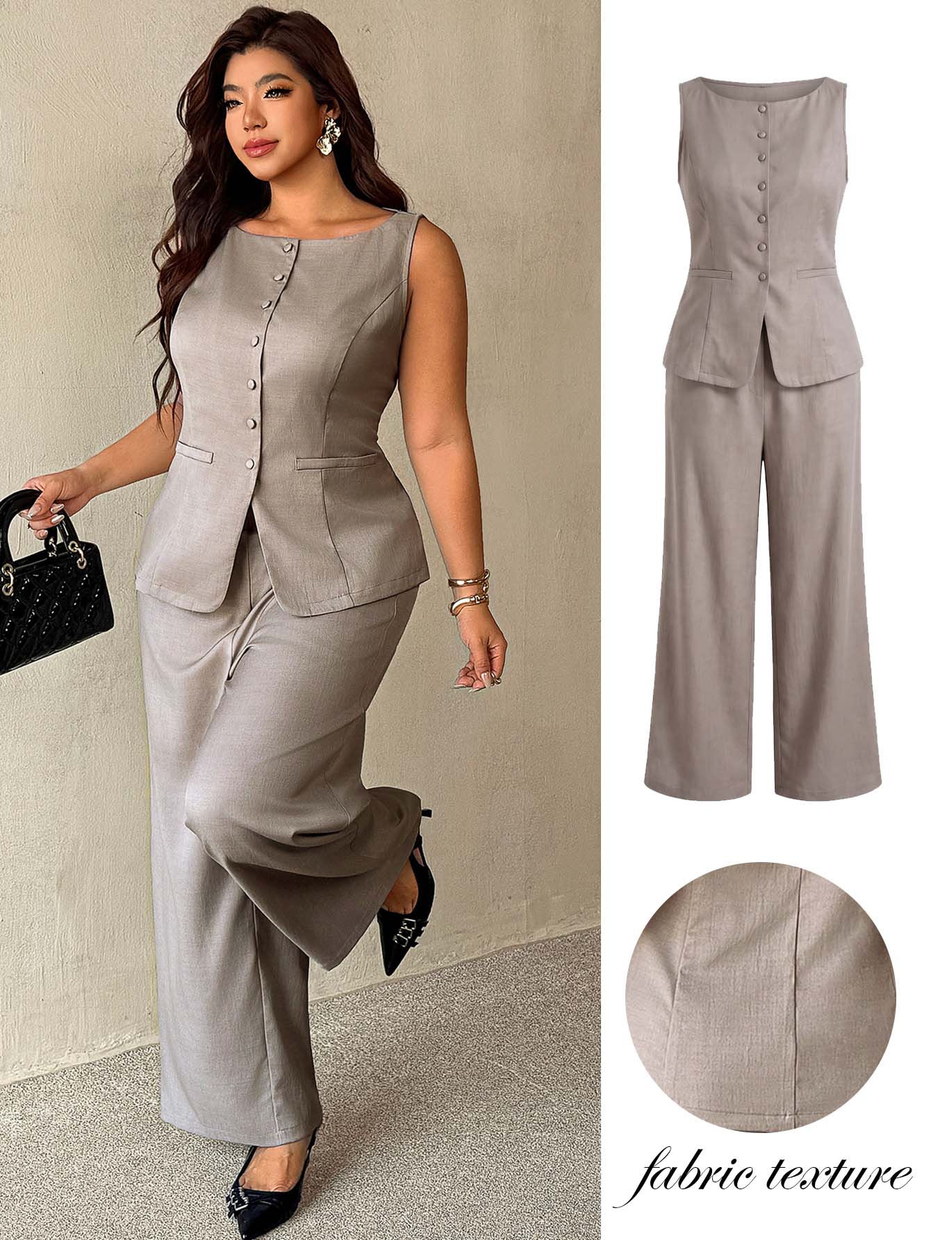 Auralis Plus Size Women Solid Color Vest And Pants Casual Elegant Commute Suit Set Office Formal Grey Summer