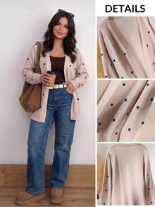 CosyJoli Plus Size Women's Heart Pattern Casual Soft Form Versatile Daily Wear Cardigan Date Night Formal Pink Autumn Winter - Apricot - View 2