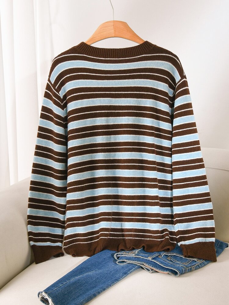 CosyJoli Women Round Neck Color Block Striped Pullover Sweater, Long Sleeve Loose Casual Elegant Knit Top For Autumn Graduation Formal Brown - Brown - View 3
