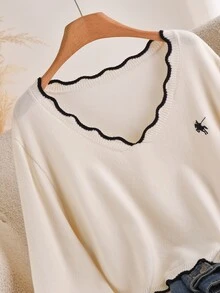 CosyJoli Plus Size Colorblock Trim V-Neck Long Sleeve Pullover Sweater Autumn / Office Formal White Casual Curve - Beige - View 5