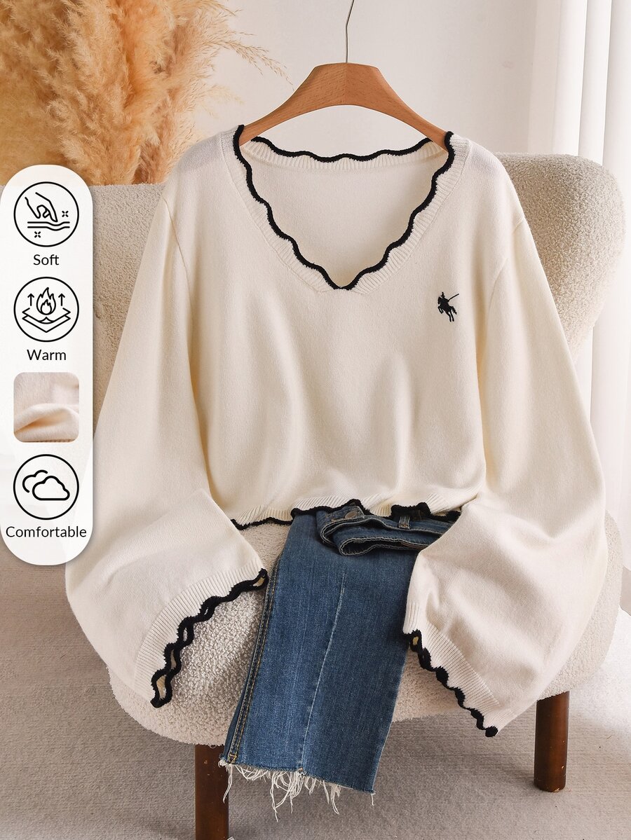 CosyJoli Plus Size Colorblock Trim V-Neck Long Sleeve Pullover Sweater Autumn / Office Formal White Casual Curve - Beige - View 1