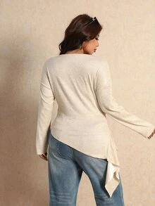 Elaquor Plus Size Women's Solid Color Pleated Casual Daily Wear T-Shirt Brunch Formal Grey Autumn Work T-Shirt For Women Fall/Winter Going Out - Apricot - View 2