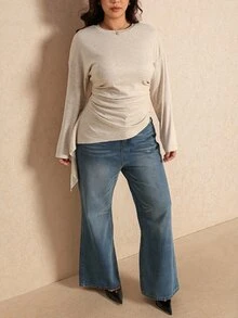 Elaquor Plus Size Women's Solid Color Pleated Casual Daily Wear T-Shirt Brunch Formal Grey Autumn Work T-Shirt For Women Fall/Winter Going Out - Apricot - View 6