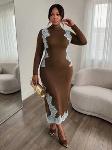 Firerie Plus Size Women's Contrast Lace Long Sleeve Fitted T-Shirt And Skirt Elegant 2 Pieces Set Cocktail Party Formal Brown Autumn Dress Women Fall/Winte - Brown - View 6