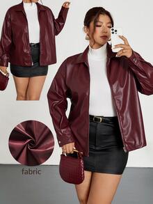 Firerie Chaqueta de manga larga casual versátil con cremallera de unicolor para otoño/invierno en talla grande, rojo - Burdeos - Ver 2