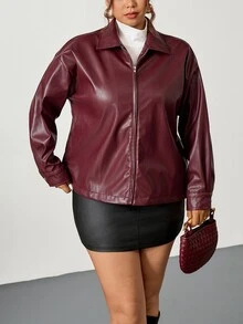 Firerie Chaqueta de manga larga casual versátil con cremallera de unicolor para otoño/invierno en talla grande, rojo - Burdeos - Ver 5