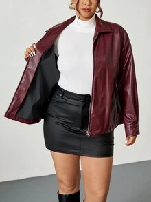 Firerie Chaqueta de manga larga casual versátil con cremallera de unicolor para otoño/invierno en talla grande, rojo - Burdeos - Ver 12