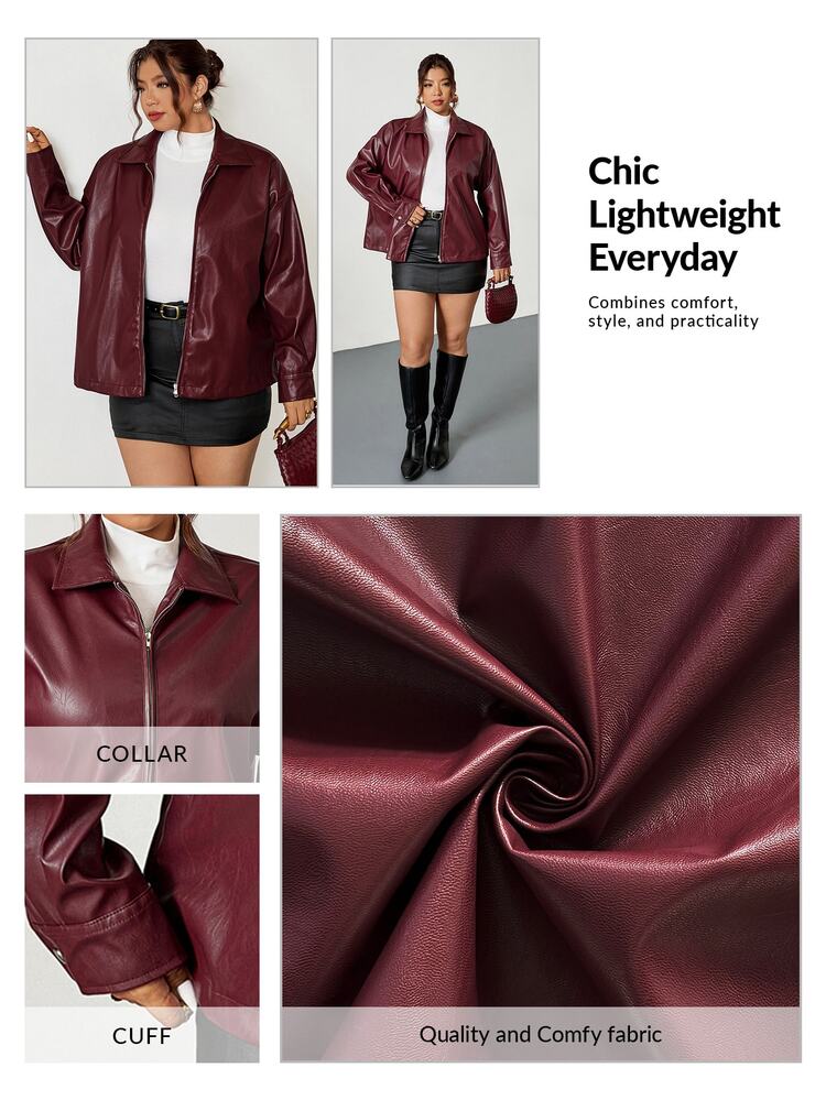 Firerie Plus Size Solid Color Zip-Up Casual Versatile Long Sleeve Jacket Autumn Winter Red Fall/Winter - Burgundy - View 3