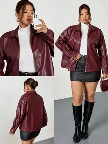 Firerie Chaqueta de manga larga casual versátil con cremallera de unicolor para otoño/invierno en talla grande, rojo - Burdeos - Ver 11