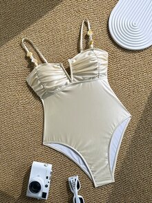 SHEIN Swim 女士优雅复古硬币装饰细肩带纯色不对称串珠荷叶边露背修身连体泳衣，适合海滩和度假，春夏款 - 香檳色 - 查看 5