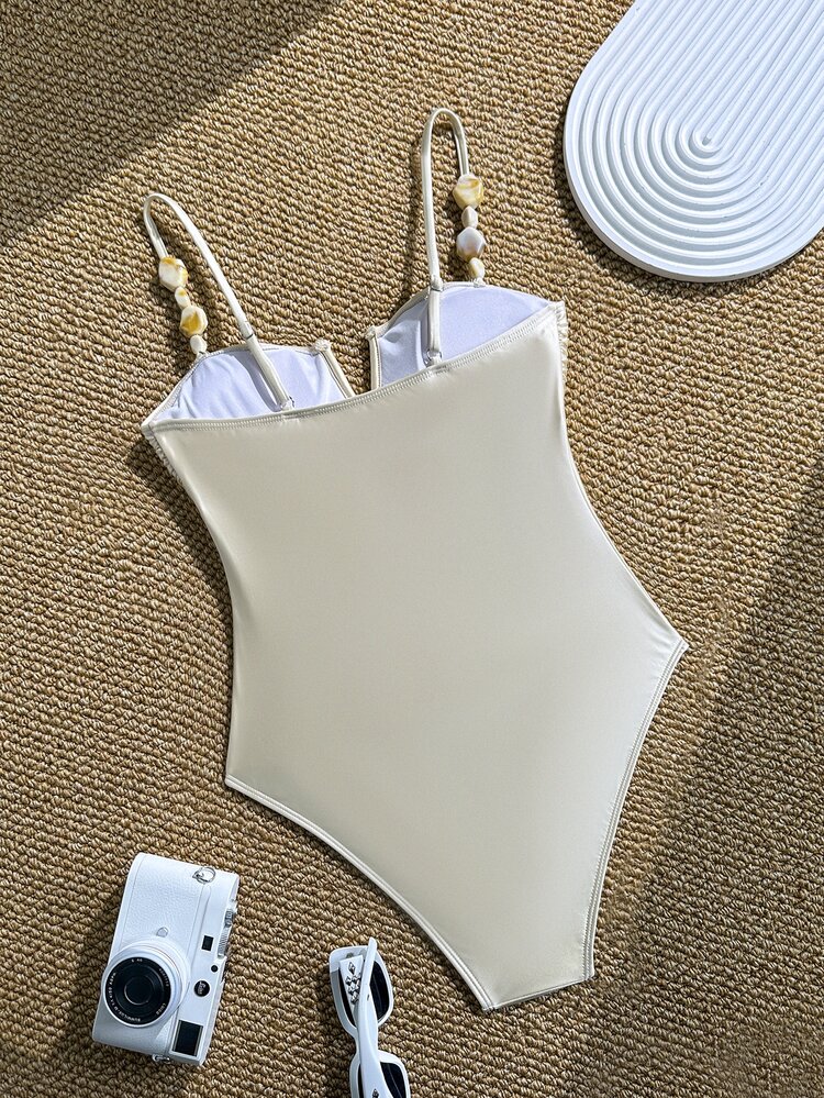 SHEIN Swim Women Elegant Vintage Coin Decor Spaghetti Strap Fitted One-Piece Swimsuit,Cream Summer Tropical Beach Holiday Vacation Holiday Ruffle Trim Backless - Champagne - View 6