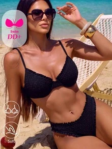 Voyashape Women's Solid Color Ruffle Trim Swimwear Set, Spring/Summer - Black - View 2