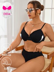 Voyashape Women's Solid Color Ruffle Trim Swimwear Set, Spring/Summer - Black - View 7