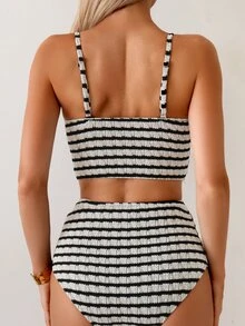 Swim Basics 2pcs/Set Women Textured Bikini Set, Colorful Casual Holiday Beachwear For Summer Beach Vacation - Black and White - View 2