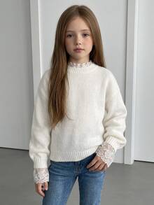 Hapijoa Tween Girl Sweet Lace Patchwork Comfortable Sweater For Daily Wear Winter - Beige - View 8