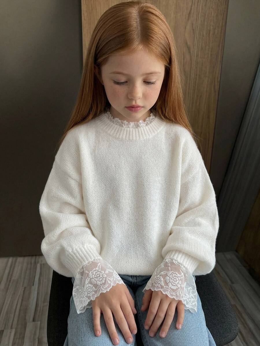 Hapijoa Tween Girl Sweet Lace Patchwork Comfortable Sweater For Daily Wear Winter - Beige - View 1