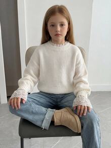 Hapijoa Tween Girl Sweet Lace Patchwork Comfortable Sweater For Daily Wear Winter - Beige - View 2