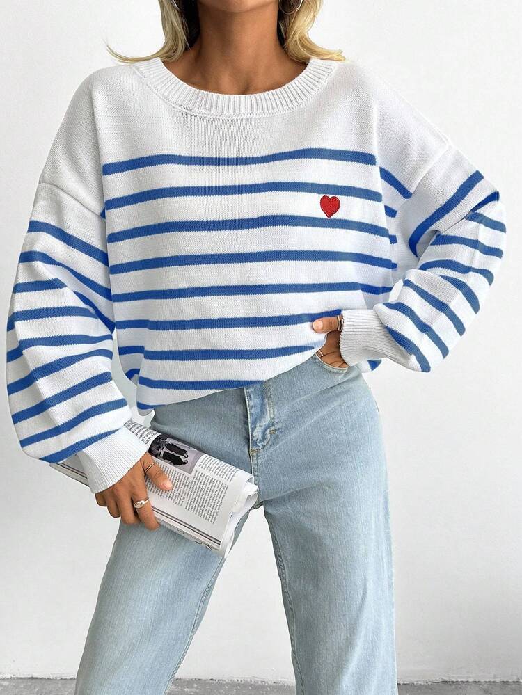 SHEIN Cottnline Plus Size Striped & Heart Pattern Drop Shoulder Sweater, For Winter - Blue and White - View 7