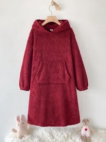SHEIN 少女秋冬款寬鬆保暖內裡加厚雙面絨毛連帽袋鼠口袋長袖睡袍家居服睡裙 灰色女孩睡袍兒童睡袍 酒紅色聖誕萬聖節家居服 - 酒紅色 - 查看 3