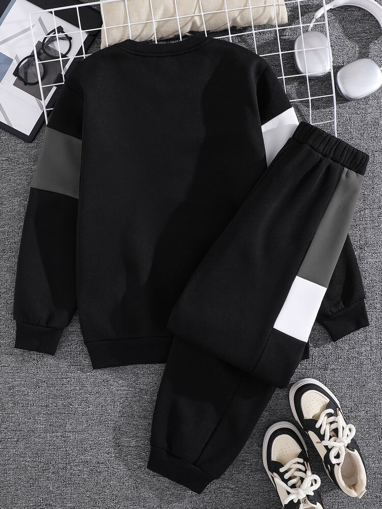 SHEIN 2pcs/Set Teen Boys Colorblock Sweatshirt And Pants Set, Casual College Style, Comfortable Fashionable Minimalist Versatile Soft Fabric, Suitable For Daily Wear, School, Travel, Outdoor Sports, All Seasons - Dark Grey - View 3