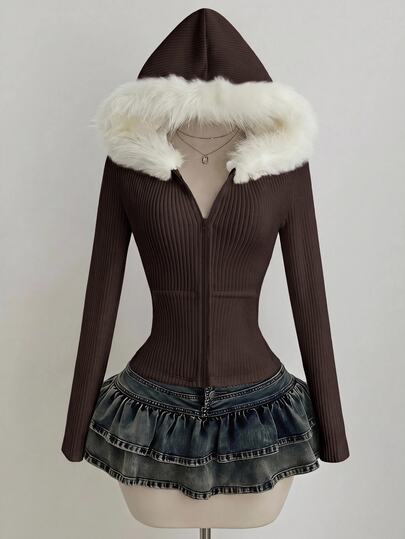 SHEIN Teen Girl Teen Girls Coats Autumn/Winter New Brown Knitted Fleece Ribbed Faux Fur Collar Long Sleeve Slim Fit Zipper Hooded Casual Versatile Short Jacket, Y2K