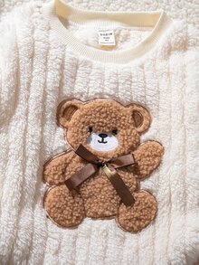 SHEIN 女童小女孩純色針織人造毛絨泰迪熊刺繡休閒衛衣 秋冬款 - 彩色 - 查看 6